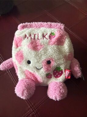 Plush Pink & White Strawberry Character Kids Backpack - MILK 7.5”